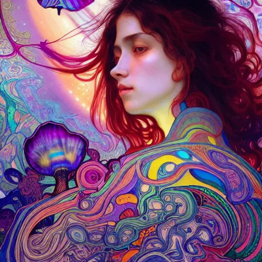 Prompt: A girl having an extremely colorful psychedelic experience, warping time and space, magic mushrooms, psilocybin, LSD, face, detailed, intricate, elegant, highly detailed, digital painting, artstation, concept art, smooth, sharp focus, illustration, art by Krenz Cushart and Artem Demura and alphonse mucha