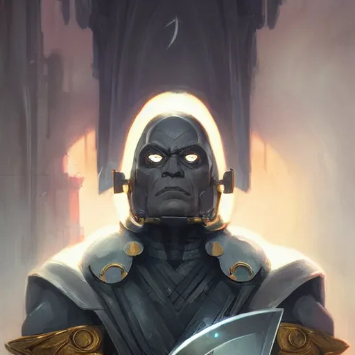 Image similar to darkseid character portrait, wearing a black cloak, holding a large platinum shield, by peter mohrbacher, mark brooks, jim burns, wadim kashin, greg rutkowski, larry elmore, esao andrews, trending on artstation