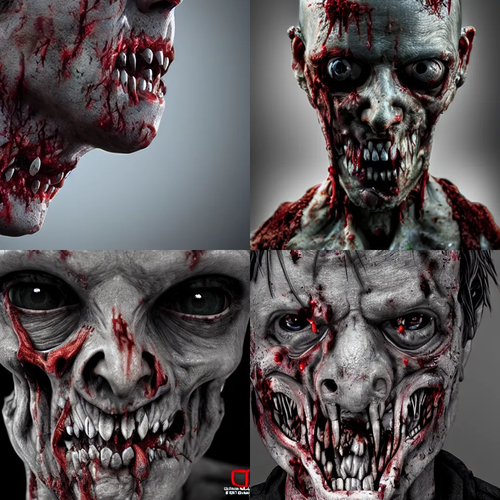 Prompt: photo of a real zombie, close up, detailed, 82 mm lens, artstation, award-winning, apocalyptic