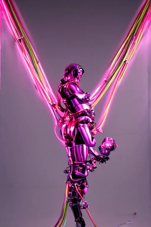 Image similar to full-body baroque and bladerunner style pink neon and chrome statue of a muscular handsome Spanish ninja robot god humanoid wearing a see-through silk cloak sim roupa, posing like a falling model, suspended from the ceiling with thick white cables, glowing peach face, street hoody of red steampunk lasers, emeralds, swirling silver silk fabric. futuristic elements. oozing glowing liquid, full-length view. space robots. human skulls. throne made of bones, intricate artwork by caravaggio. Trending on artstation, octane render, cinematic lighting from the right, hyper realism, octane render, 8k, depth of field, 3D