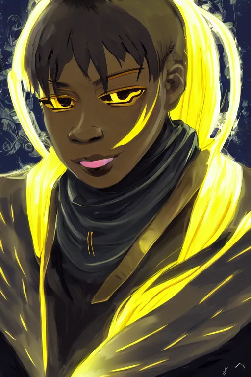 Image similar to glowing black male anime character, short golden hair, yellow eyes, symmetrical, highly detailed, digital art, sharp focus, trending on art station, samurai, electricity superpowers, anime art style