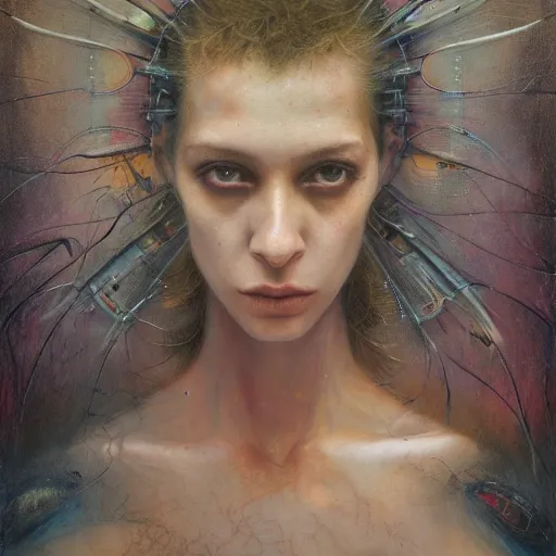 Prompt: cyberpunk dreaming by eugene von bruenchenhein, peter lindbergh, sam spratt, michael page, alyssa monks, julie heffernan, glenn brown, naoto hattori, brian froud, nicola samori, paolo roversi, kilart, 8 k, hyper detailed, hyper realism, acrylic paint, surrealism, smooth, sharp focus