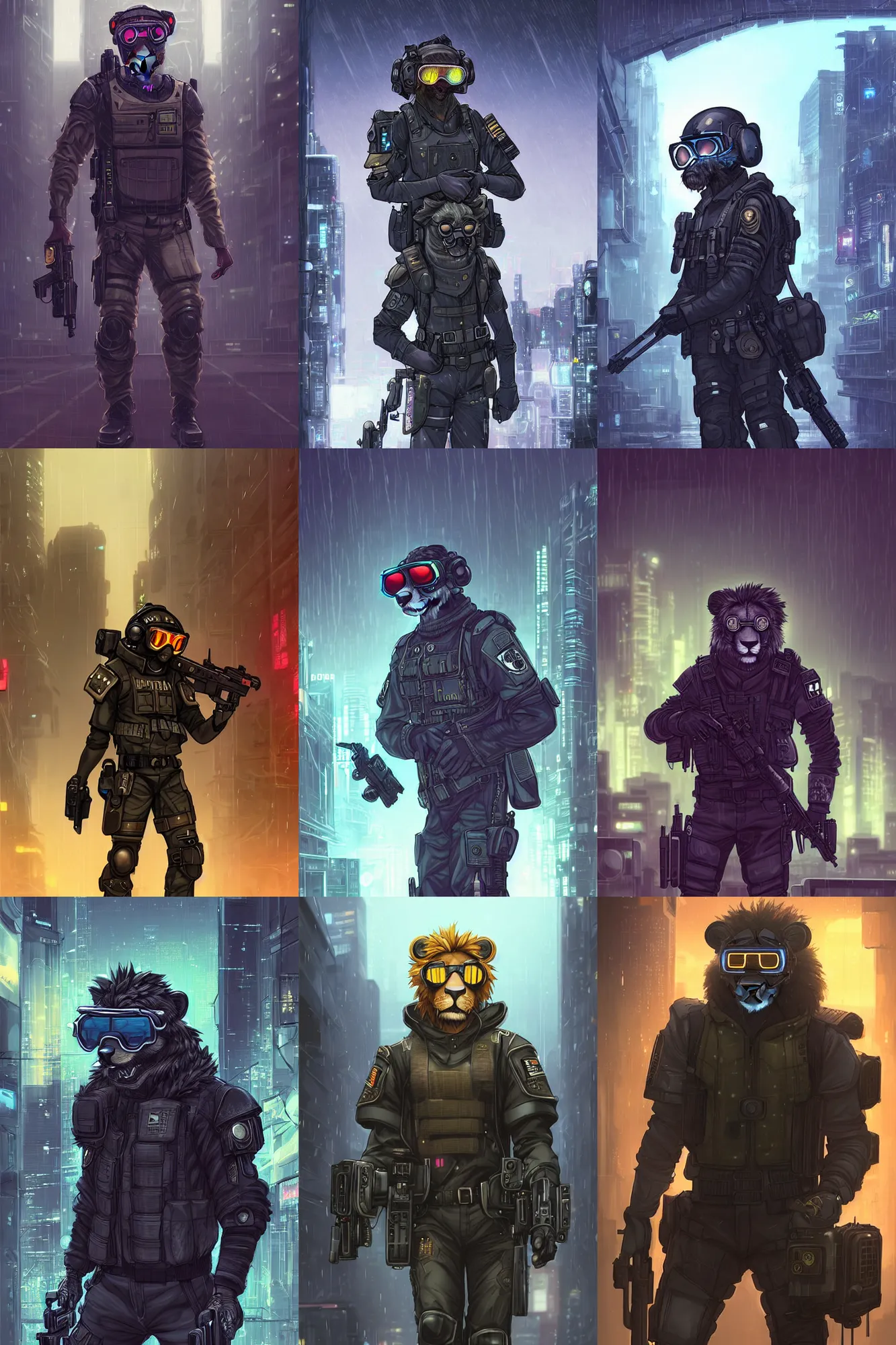 Prompt: beautiful portrait commission of a male furry anthro lion fursona wearing a tactical swat uniform with ballistic goggles and helmet in a cyberpunk city at night in the rain. character design by charlie bowater, ross tran, artgerm, and makoto shinkai, detailed, inked, western comic book art