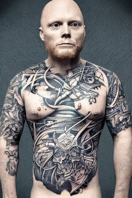 Image similar to Photorealistic Portrait of frontal standing pose torso of a very attractive buffed Bill Burr heavily tattooed. all his skin is covered by Mayans tattoos, surrounded by magic lightings overlays, Intricate, concept art, magic lighting overlays, magical portal opened, D&D!, fantasy style, sharp focus!, ultra detailed, art by Artgerm and Peter Andrew Jones, WLUP, Magali Villeneuve