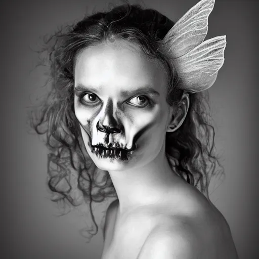 Prompt: bone fairy portrait, studio lighting, portrait photography, black - and - white photography, hyper realism, fantasy, 4 k,