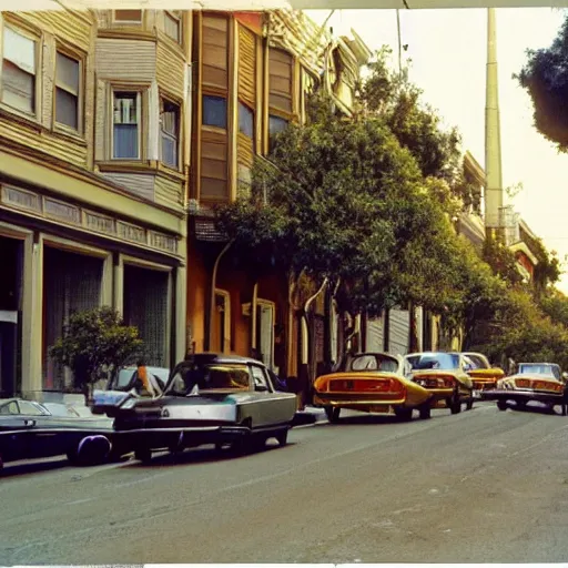Prompt: a street in san francisco with 2 hippy's in 1 9 7 0. 7 0's color