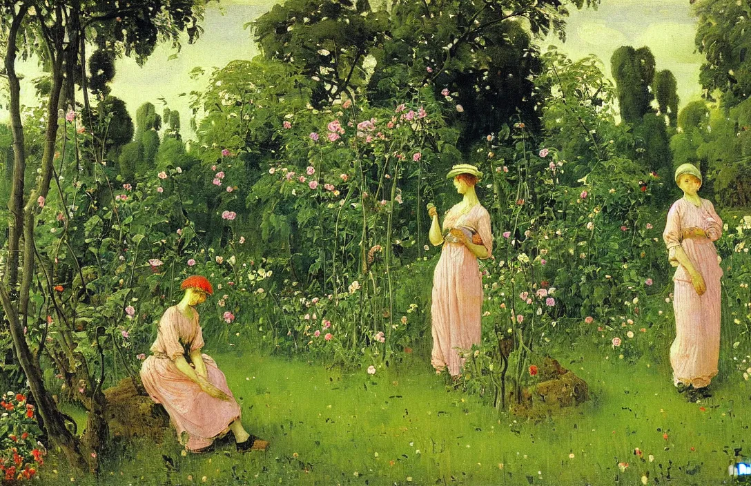 Image similar to garden idyll surviving painting emerging from lush greenery value contrast is used to focus our attention on the subject complexion painting by victor vasnetsov