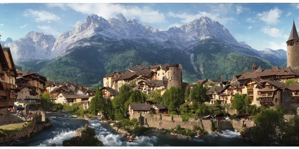 Prompt: view of medieval walled city nestled in a mountain with small river flowing through center, large castle high up in a mountain peak in the background, alpine architecture, half - timbered, chalet, soft colors, cozy, very beautiful, intricate, majestic, concept art, artgerm, james gurney, trending on art station