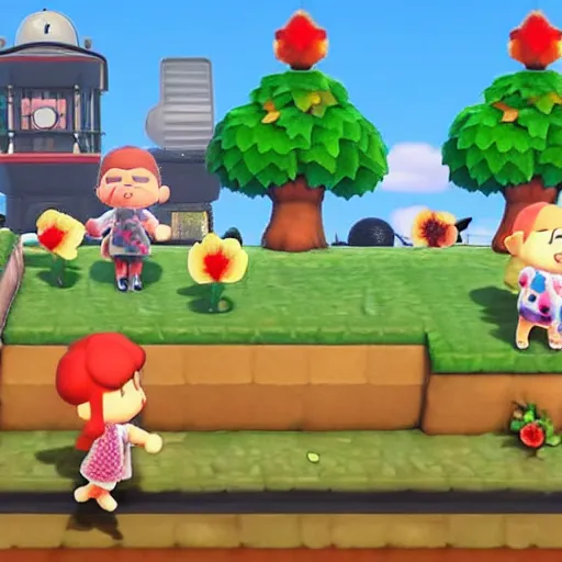 Image similar to screenshot of carpet bombing in animal crossing, explosions, fire, chaos, rubble