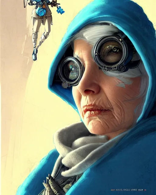 Image similar to ana from overwatch, eye patch, white hair, hooded blue cloak, older woman, character portrait, portrait, close up, concept art, intricate details, highly detailed, vintage sci - fi poster, in the style of chris foss, rodger dean, moebius, michael whelan, and gustave dore