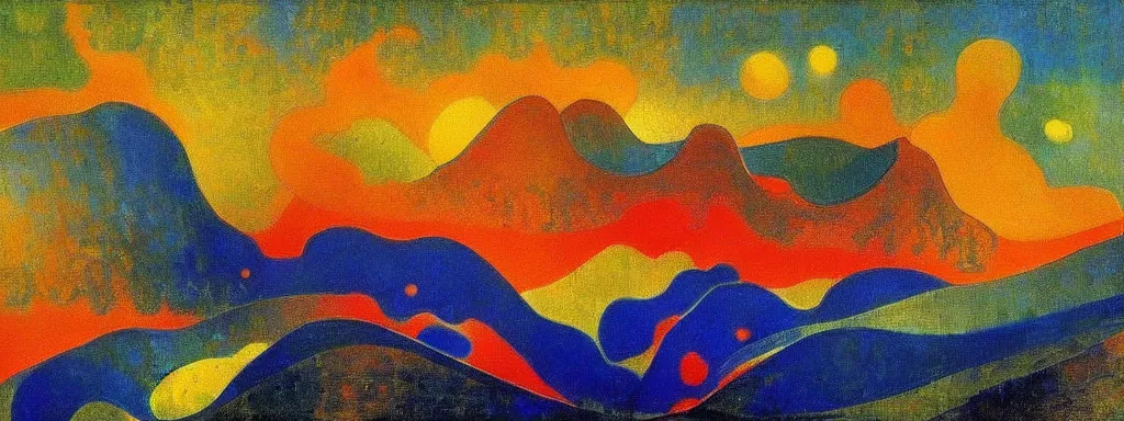 Prompt: An insane, modernist landscape painting. Wild energy patterns rippling in all directions. Curves, organic, zig-zags. Mountains, clouds. Rushing water. Waves. Psychedelic dream world. Odilon Redon. Andre Derain.