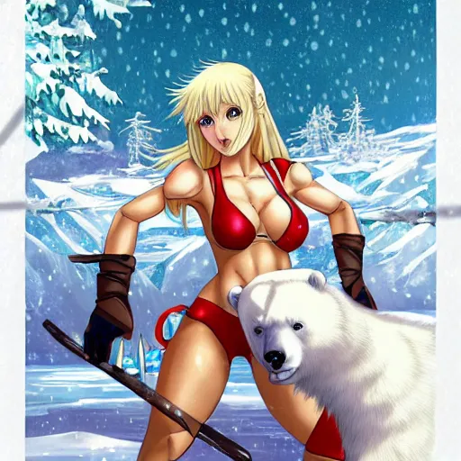 Image similar to bicolor - eyed blonde muscular anime girl warrior in bikini riding a polar bear in the snowy mountains background, epic fantasy digital painting, illustration by james jean and artgerm and mina petrovic and timothy kong and marina federovna, artstation