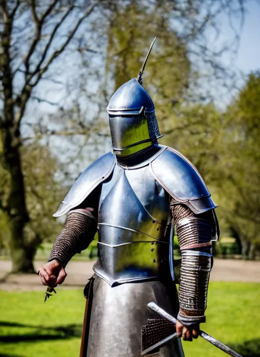 Image similar to photo still of a knight from medieval in a park on a bright sunny day, 8 k 8 5 mm f 1 6