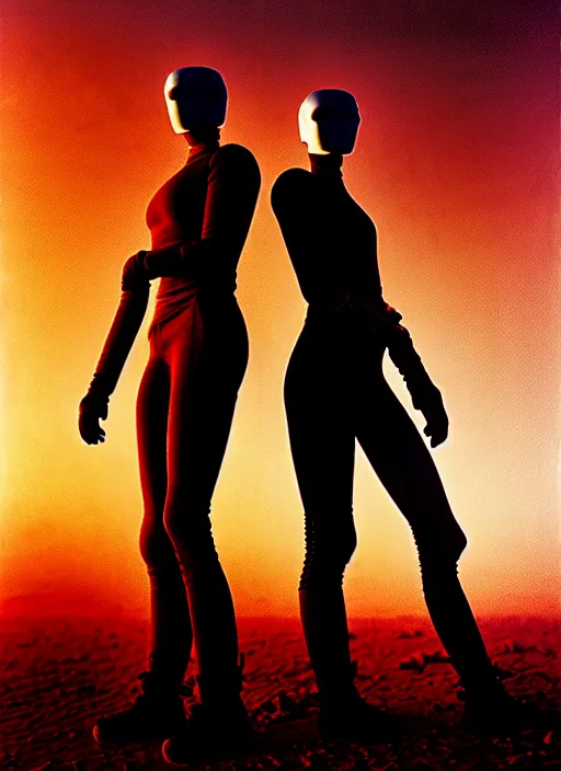 Image similar to cinestill 5 0 d photographic portrait by steve mccurry of two loving female androids wearing rugged black mesh techwear on a desolate plain with a red sky, extreme closeup, cyberpunk style, dust storm, 8 k, hd, high resolution, 3 5 mm, f / 3 2, ultra realistic faces, ex machina, blade runner