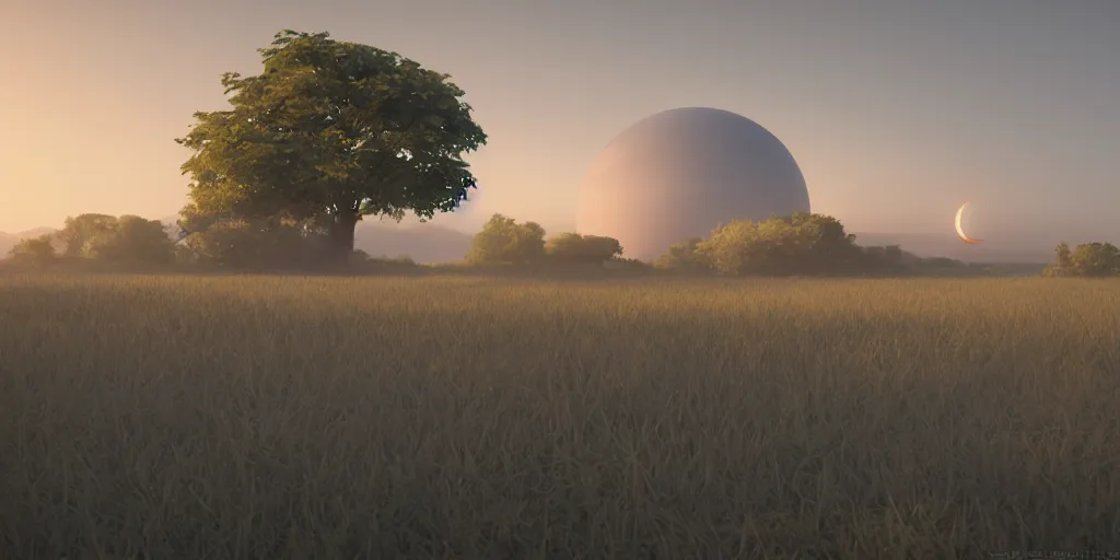 Image similar to a serene landscape with a singular building at sunrise with a giant jupiter appearing in the sky, digital art, concept art, octane render, unreal engine 5, hyperrealistic, highly detailed, high quality, 4K, low contrast, soft lighting, path tracing, complementary colors, natural lighting, geometric