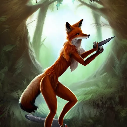 Prompt: award-winning extremely detailed FurAffinity fantasy art of a naturally beautiful shapely fur-covered anthro warrior female fox with black paws and dazzling eyes and a long tail and long braided hair, wielding a knife, in a forest, 4k, Hibbary, Dark Natasha, Goldenwolf, realistic shading, trending on FurAffinity