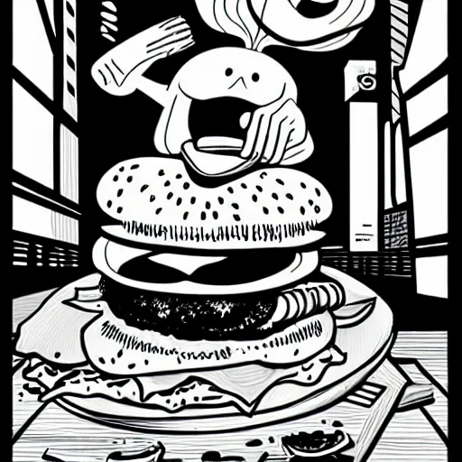 Prompt: a cartoon hot dog eating a burger, mcbess