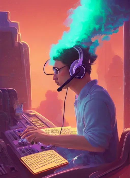 Prompt: portrait of a telemarketer wearing a headset, hot plumes of steam rising, Alena Aenami, Petros Afshar, Noah Bradley, Anton Fadeev, Anato Finnstark, Steve Henderson, Filip Hodas, Mark Keathley, Thomas Kinkade, Phil Koch, Gilbert Williams, Mike Winkelmann, Beeple