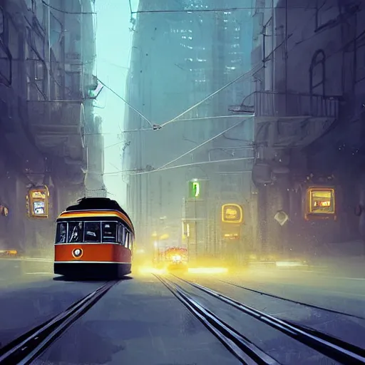 Prompt: a retro futuristic tram driving trough futuristic zurich, long shot, lumnious, magical, atmospheric, urban concept art, backlighting, by greg rutkowski *, martin mottet, maya takamura, and william turner