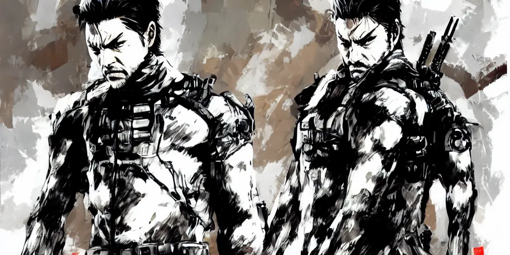 Image similar to a full - body portrait of chow yun - fat, in yoji shinkawa's art style, metal gear solid art style highly detailed, 4 k, artistic, white background, b & w