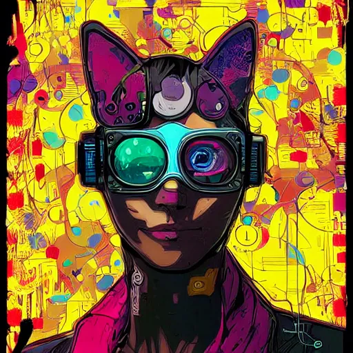 Prompt: cyberpunk cat cyborg portrait illustration, pop art, splash painting, art by geof darrow, ashley wood, alphonse mucha, makoto shinkai