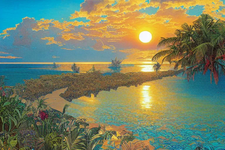 Prompt: a beautifully detailed painting of a caribean tropical shoreline, tranquil waters, sunset, hyperdetailed, worth1000.com, by Dan Mumford, by Alphonse Mucha, artgerm, cgsociety, serenity