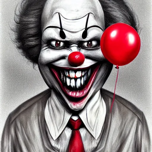 Image similar to surrealism grunge cartoon portrait sketch of clown with a wide smile and a red balloon by - michael karcz, loony toons style, pennywise style, horror theme, detailed, elegant, intricate