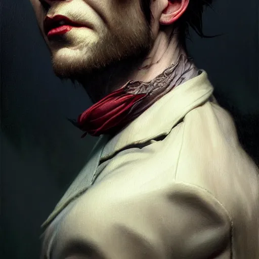 Image similar to portrait painting of actor joseph quinn as a vampire, ultra realistic, concept art, intricate details, eerie, highly detailed, photorealistic, octane render, 8 k, unreal engine. art by artgerm and greg rutkowski and charlie bowater and magali villeneuve and alphonse mucha