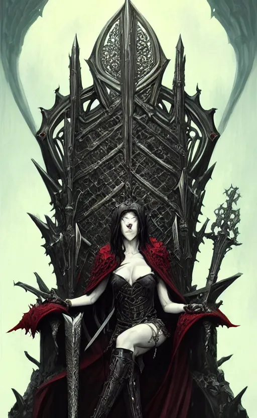 Image similar to desirable Vampire lord sitting on a skull throne, undead knights around her, fantasy, intricate, elegant, highly detailed, digital painting, artstation, concept art, matte, sharp focus, illustration, art by artgerm and Greg Rutkowski, dreadjim, zeen chin