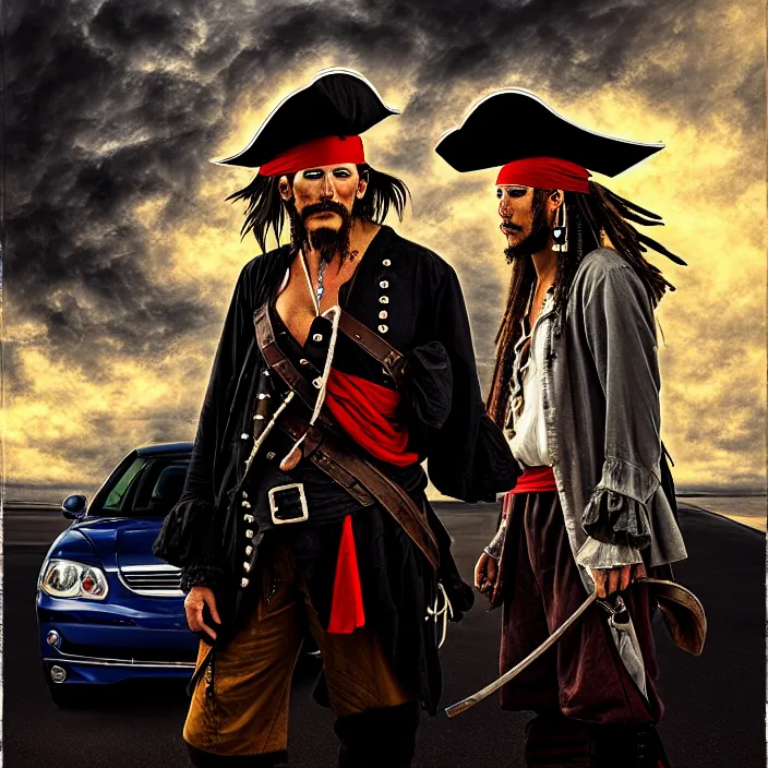 Prompt: a pirate downloading a car, oil on canvas, dramatic lighting, comedy, 8 k