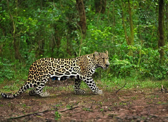 Image similar to jaguar the animal in the forest but it has the body of a jaguar car, professional natural geographic jungle photo