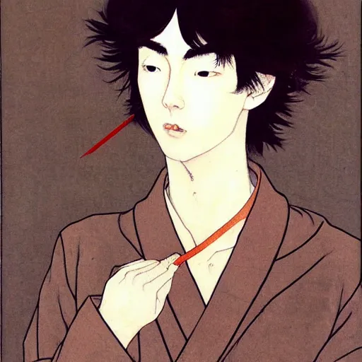 Image similar to painting of grumpy handsome beautiful man in his 2 0 s named min - jun in a french maid outfit, modern clothing, elegant, clear, painting, stylized, delicate facial features, soft, art, art by takato yamamoto and egon schiele combined