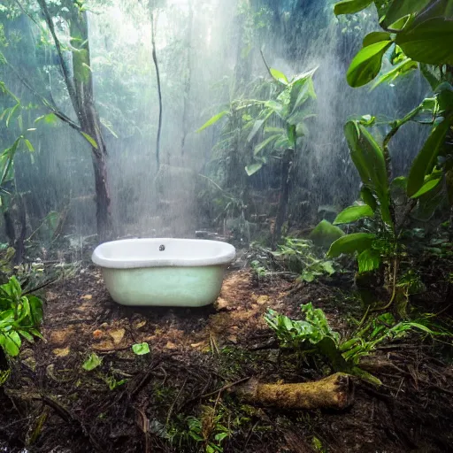 Image similar to pristine bath filled with bubbles in a clearfelled jungle, slash and burn, deforestation