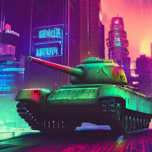 Image similar to high quality photo of a tank in a cyberpunk cyberpunk cyberpunk city, neon lights, realism, 8k, award winning photo, no water