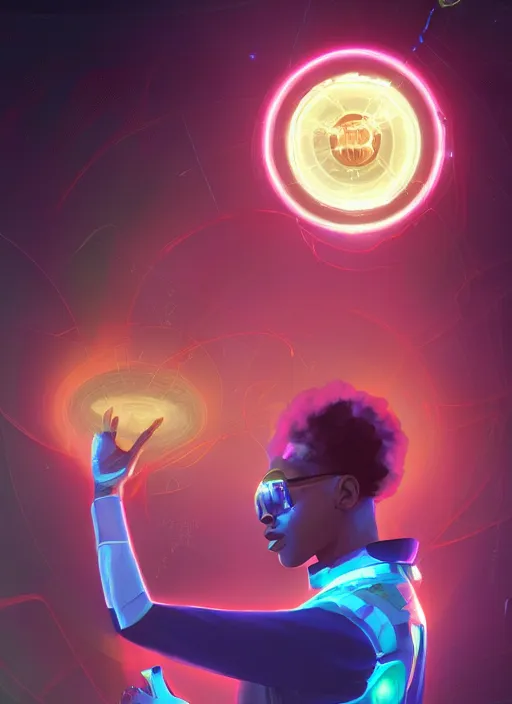 Image similar to afro - futurist scientist, computers and holograms, hacking the metaverse | hyperrealistic oil painting | by makoto shinkai, ilya kuvshinov, lois van baarle, rossdraws, basquiat | afrofuturism, in the style of hearthstone, trending on artstation | dark color scheme