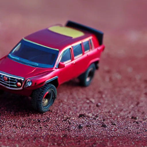 Image similar to 3 5 mm photo of metallic red aztek car like hot wheels model in area 5 1 as background