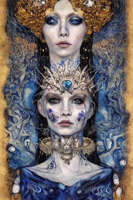 Prompt: The Princess of Bones by Karol Bak, Jean Deville, Gustav Klimt, and Vincent Van Gogh, portrait of a porcelain princess wearing a crown in catacombs, porcelain ball-joint doll face with blue painted tattoos, pale blue eyes, hair made of shimmering ghosts, mystic eye, otherworldly, crown made of bones, catacombs, ornate jeweled crown, skulls, fractal structures, arcane, inscribed runes, infernal relics, ornate gilded medieval icon, third eye, spirals