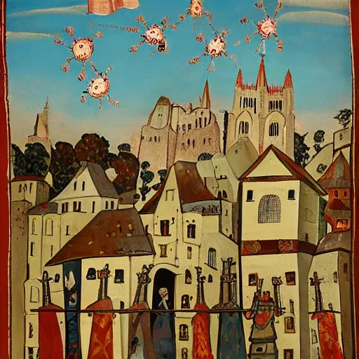 Prompt: a medival painting of holy objects flying above a medival town.