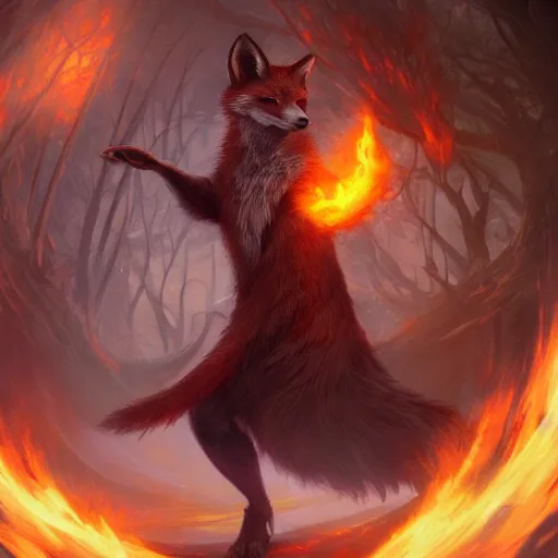 Image similar to anthropomorphic druidic fox in a vortex of flame, 8k resolution matte fantasy painting, cinematic lighting, DeviantArt Artstation, Jason Felix Steve Argyle Tyler Jacobson Peter Mohrbacher