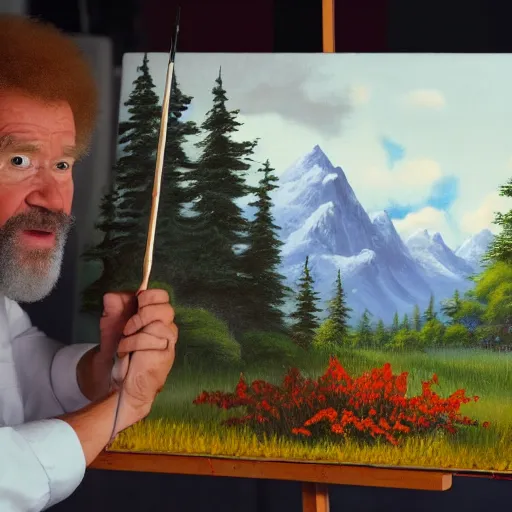 Image similar to a closeup photorealistic photograph of bob ross working on a canvas painting of mickey mouse. film still. brightly lit scene. mountains and trees. this 4 k hd image is trending on artstation, featured on behance, well - rendered, extra crisp, features intricate detail, epic composition and the style of unreal engine.