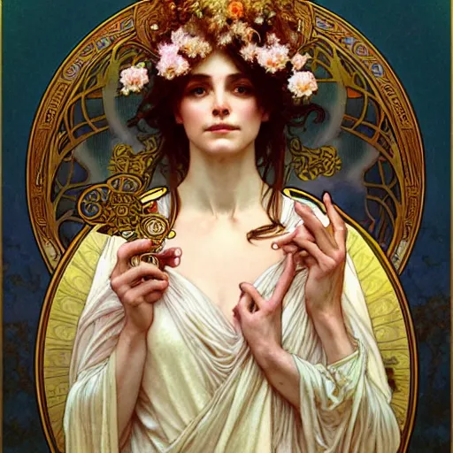 Prompt: carol burnette as the goddess of bliss, fantasy, d & d, intricate, detailed, by by alphonse mucha, adolfo hohenstein, alice russell glenny, stanley artgerm lau, greg rutkowski, detailed, trending on artstation, trending on artstation, smooth