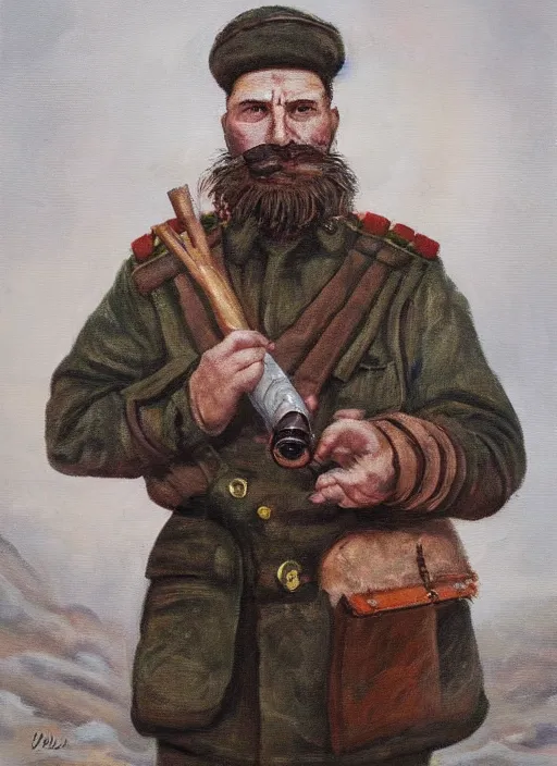 Image similar to A portrait of a single Soviet tankman with a short beard wearing Sámi clothing, smoking a pipe, trending on ArtStation, 4k, oil painting