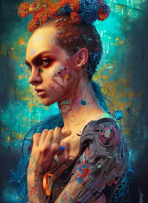 Image similar to beautiful portrait of Lofi cyberpunk jaydayoungan, by Tristan Eaton, Stanley Artgermm, Tom Bagshaw, Greg Rutkowski, Carne Griffiths. trending on DeviantArt, face enhance, hyper detailed, trending on Artstation, 8k, masterpiece, graffiti paint, fine detail, full of color, intricate detail, golden ratio illustration