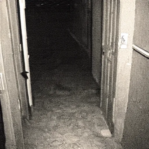 Prompt: hi - 8 night vision camera footage of a barely visible minotaur with red eyes in a dark hallway