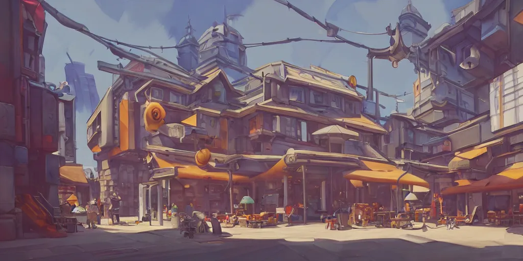 Image similar to overwatch building, stylized, exterior, architecture, in watercolor gouache detailed paintings, insanely detail, artstation, 8 k, futuristic, big medium small, arcane, simon stalenhag, food stall, interesting shapes & form, golden ratio, hard surface, props, lots of decoration and furniture