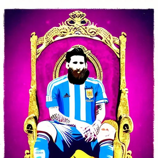 Image similar to messi sitting on a throne with argentina shirt, long beard, digital drawing, fantasy, vaporwave