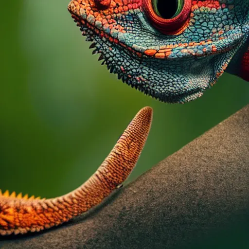 Image similar to a high quality photo of a chameleon wearing headphones, realism, 8k