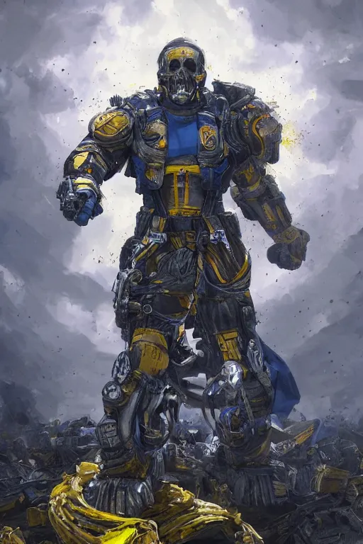 Image similar to a full body shot from distance of a super soldier with a Ukrainian blue and yellow stripes flag standing in the beam of light from the clouds on a pile of skulls and rotten cars as a winner, masculine figure, D&D, fantasy, intricate, elegant, highly detailed, digital painting, artstation, concept art, matte, sharp focus, symmetrical, illustration, hyperrealistic, art by Artgerm and Greg Rutkowski and Alphonse Mucha