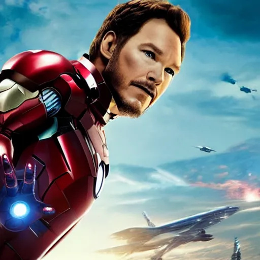 Image similar to promotional image of Chris pratt as Iron Man in Iron Man（2008）, he wears Iron Man armor without his face, movie still frame, promotional image, imax 70 mm footage