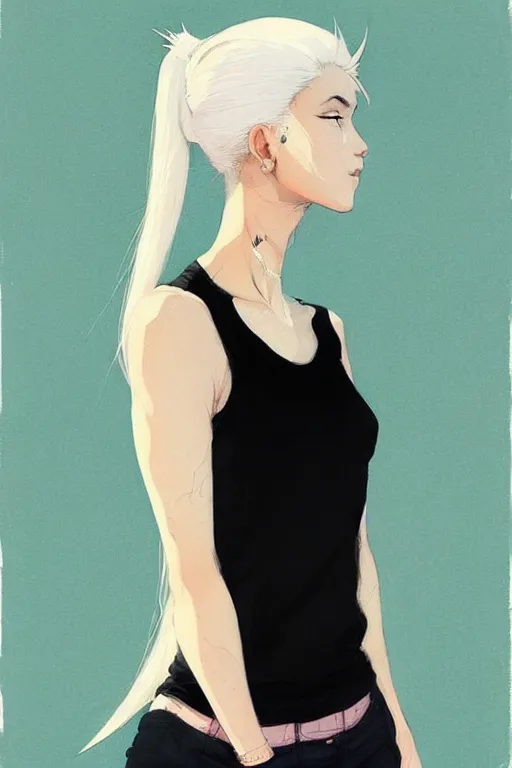 Image similar to a ultradetailed beautiful painting of a stylish woman in with white hair in a ponytail, she is wearing a black tank top, by conrad roset, greg rutkowski and makoto shinkai trending on artstation